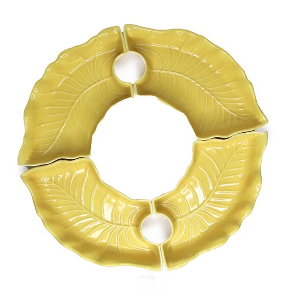 Vintage California Pottery Ceramic Lazy Susan Leaf Serving Tray Appy Dish Yellow - Picture 3 of 15